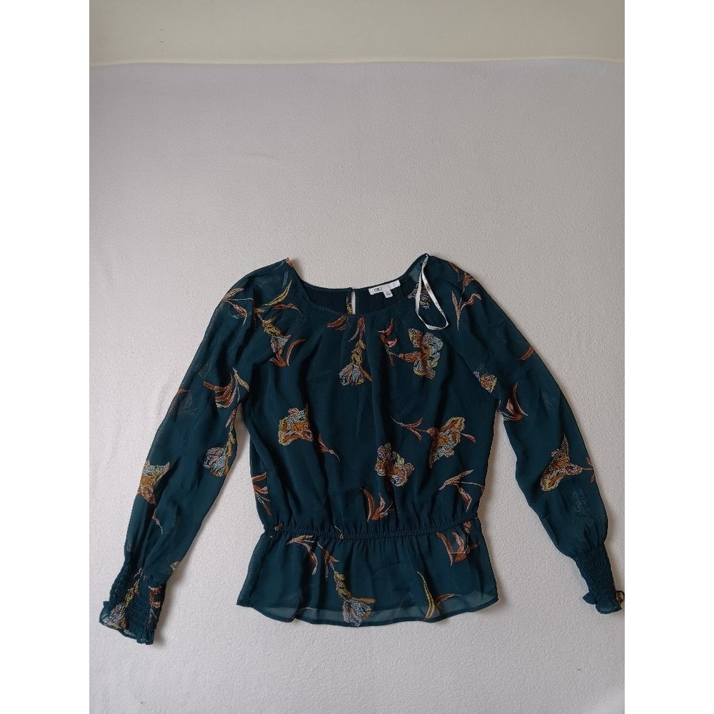 DR2 Womens XS Teal Floral Peplum Blouse Long Sleeve Chiffon Top DR23717PG1